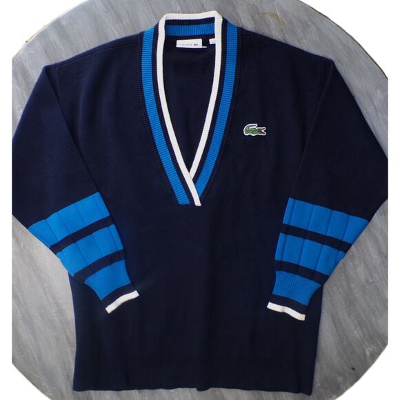 Lacoste V Sweater M Oversized Navy Color Block Tennis Jumper Big Alligator - Picture 9 of 16